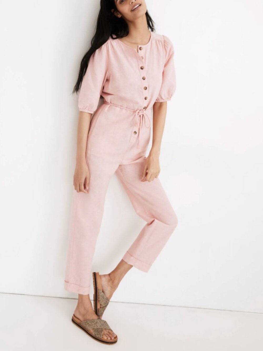 Madewell Linen-Blend Puff-Sleeve Tassel-Tie Jumpsuit Size Small New